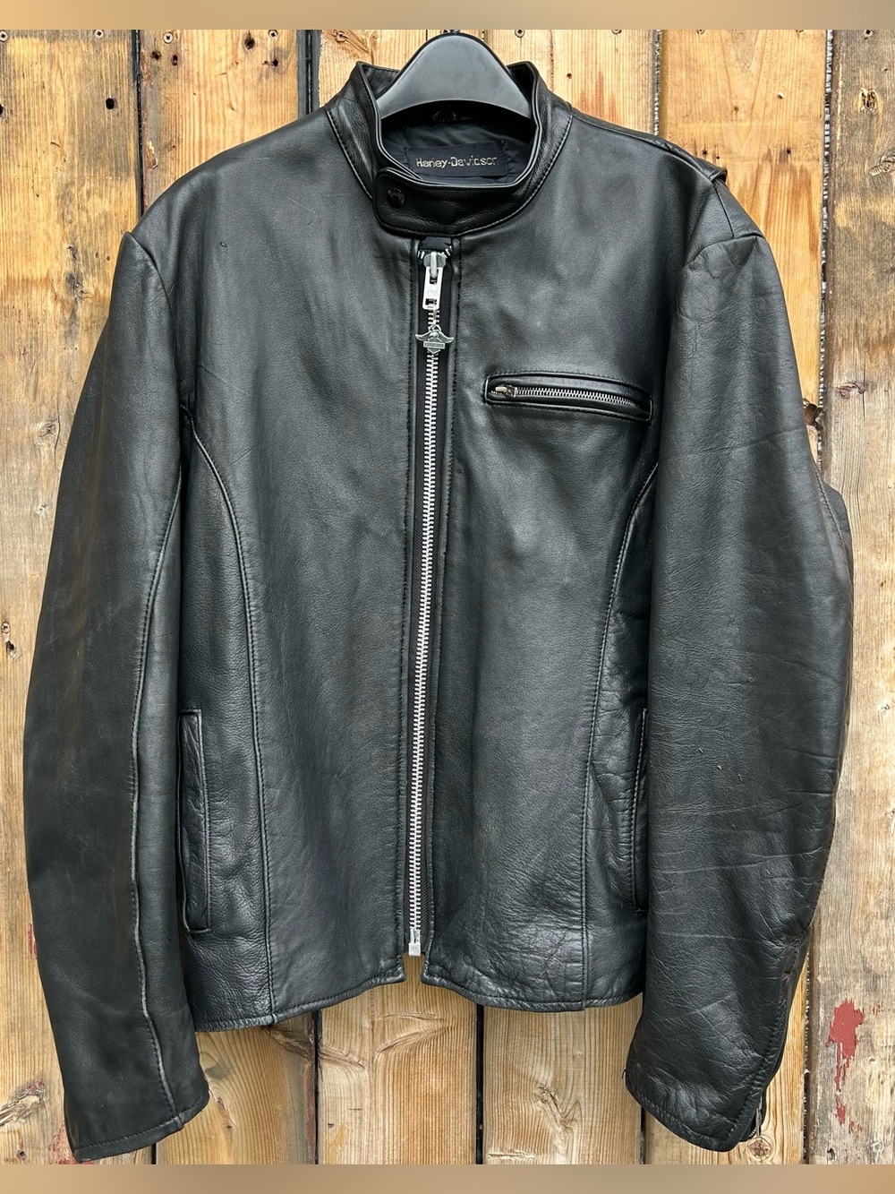 Harley-Davidson Black Leather Zip-Front Bomber Jacket (L-XL)
